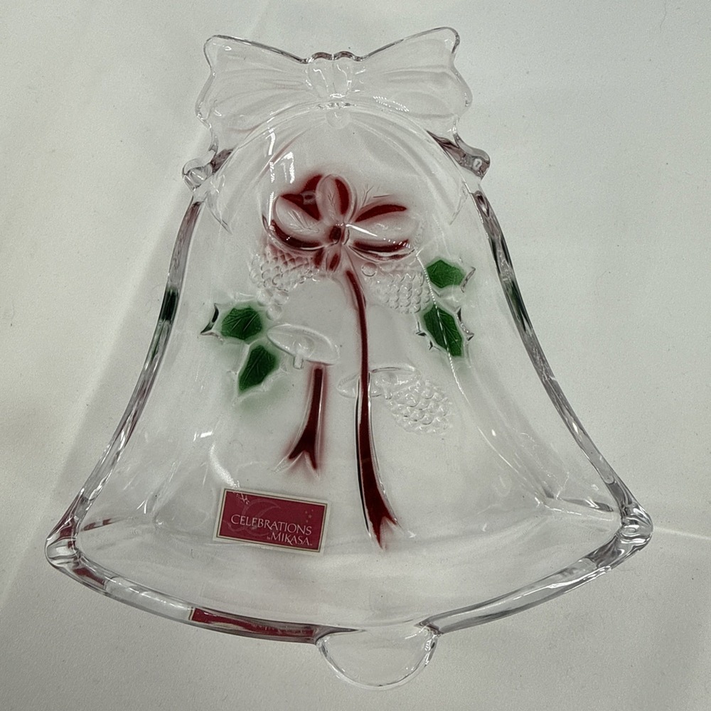 Mikasa Holiday Bells Glass Candy Dish Red Green Floral Christmas 6.75"